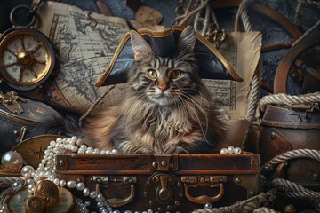 An adventurous, fluffy Maine Coon cat sporting a swashbuckling pirate hat, perched on a treasure...