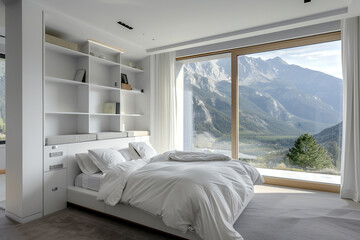 Minimalist white master bedroom with streamlined furniture, a custom-made headboard with built-in shelves, and a stunning mountain view.