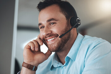 Man, headset and smile at computer for telemarketing communication, tech support or call center....