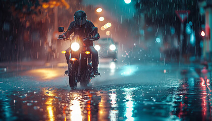 Fototapeta premium A man on a motorcycle is riding down a wet street by AI generated image
