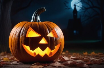 Obraz premium Halloween Scene - Party Of Pumpkins And Zombies In Graveyard At Moonlight - Contain Moon 3D Rendering - Unrecognizable, Deformed And Church with Reassembled Parts