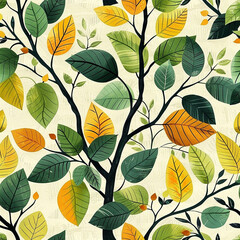 seamless pattern in all sides with colorful leaves and flowers design in white background