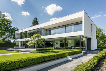 Modern minimalist residential architecture, showcasing a sleek white facade with large glass windows, surrounded by well-manicured greenery on a sunny summer day.