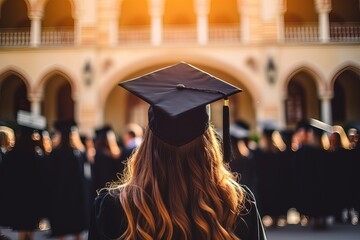 Graduates in graduation cap on university background, back view