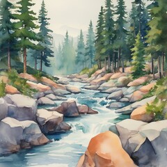 Forest scenery with river, trees and rocks watercolors painting