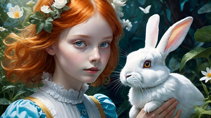 Fototapeta premium Alice with White Rabbit in the magical forest of Wonderland.Illustration, painting style.Generative AI. 