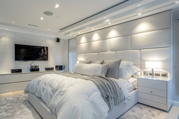 Modern white master bedroom with an oversized headboard, integrated mood lighting, and a high-end sound system.