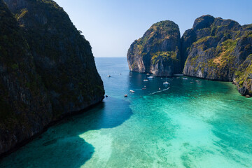 Fototapeta premium Aerial view of Maya bay beach in koh Phi Phi Leh, Krabi, Thailand