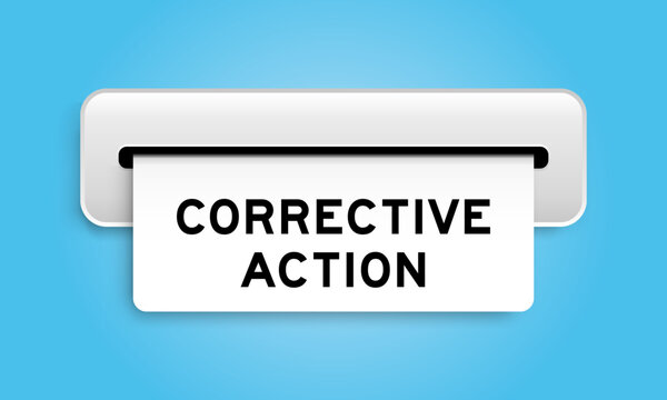 White coupon banner with word corrective action from machine on blue color background