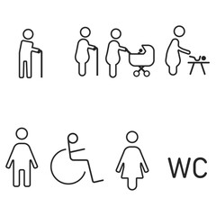 Toilet icon set.
Men's, women's and disabled toilets.
Old grandmother and grandfather