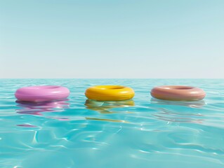 Three vibrant rubber rings floating in a swimming pool against a backdrop of clear blue skies, creating a serene