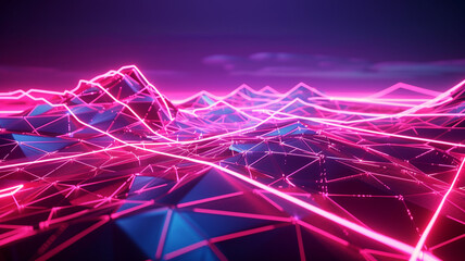 Neon light beams crisscrossing a low poly landscape, depicting the interconnectedness of global data paths - obrazy, fototapety, plakaty