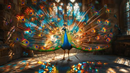 Peacocks with iridescent plumes lighting up the gothic architecture of an ancient hall