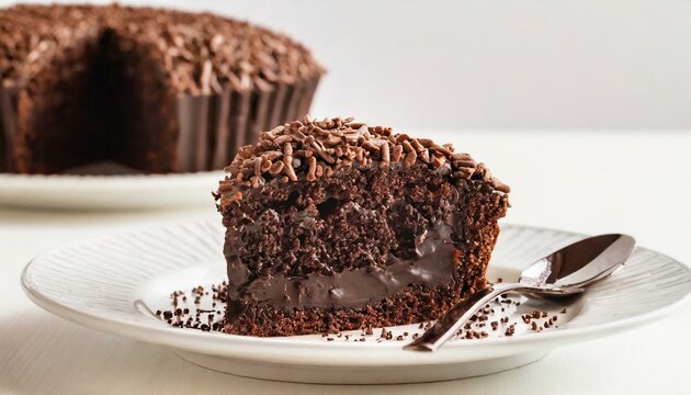 Fatia de bolo brigadeiro servida em um prato de sobremesa. Mesa branca. Foto Close-up. Sobremesa, Brasileira, Chocolate, Granulado, Comida Brasileira.