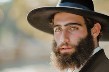 portrait of a young hebrew orthodox jewish man with beard and hat in jerusalem israel, free copy space for text