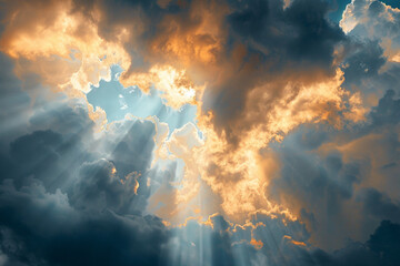 Radiant sunbeams breaking through stormy clouds.