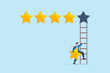 Businessman holding fifth star climbs up ladder to put on highest rating, illustrating excellent business reputation. Concept of positive customer feedback, high quality evaluation, top credit score