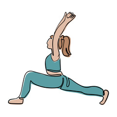 Sporty woman in stretching yoga pose in boho style. Hand drawn single line icon of female body doing exercises. Vector illustration isolated on white background