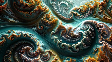 An abstract fractal image exhibiting a harmonious blend of golden and turquoise swirls with intricate detailing.