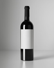 A bottle of wine with a white label sits on light gray background. A modern and_minimal label for for wine bottle mockup.  - obrazy, fototapety, plakaty