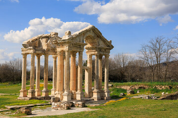 Fototapeta na wymiar Ancient Tetrapylon Gateway Ruins in Aphrodisias, Turkey