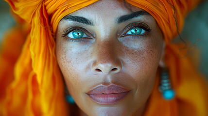 retrato de primer plano de la cara de una mujer oriental arábica  con rostro expresivo y burka. Portada. - obrazy, fototapety, plakaty