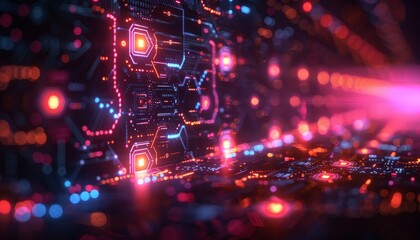 Fototapeta premium A computer generated image of a glowing, neon colored computer chip by AI generated image