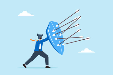 Strong businessman with armor and shield to defend against incoming arrows, illustrating protection from threats. Concept of safeguarding against security attacks, business risks, or potential dangers