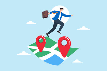 Businessman jumps from one map navigation pin to new one, illustrating business relocation. Concept of moving offices to new address or transferring to different location
