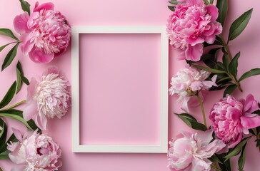 White Frame With Pink Flowers on Pink Background