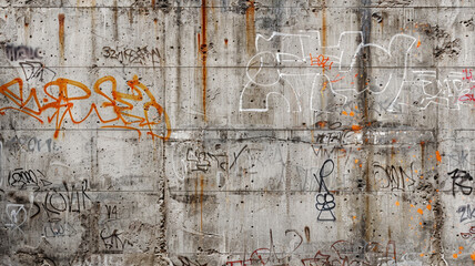 The aged face of a concrete wall, its flaws highlighted and beautified by an assortment of graffiti tags, creating a visually compelling abstract texture