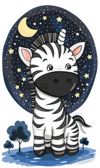 a charming illustration isolated on white background of a cartoon little ZEBRA CHARACTER under a starry night The starry night is depicted as an isolated and cutout illustration on white background