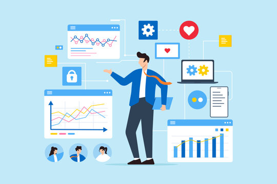 Businessman using self service software illustrating individuals accessing tools or applications to achieve results independently. Concept of online help or assistance, and resource management