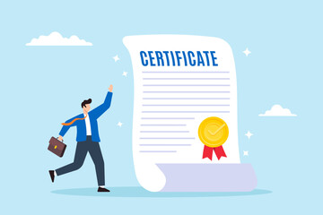 Fototapeta na wymiar Happy businessman with star certificate paper, illustrating work achievement. Concept of certificate for taking course, award for excellent work, diploma document, and license stamp