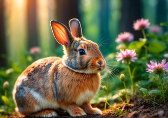 Rabbit Sitting in Field of Flowers. Close-up portrait of a cute rabbit.Little happy funny rabbit sitting in nature