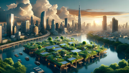 Zero Waste Urban Oasis: Lively Cityscape with Rooftop Gardens and Solar Panels in a Photorealistic Setting - Concept for Eco-Friendly Living