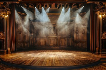 Stage With Wooden Floor and Red Curtains - obrazy, fototapety, plakaty