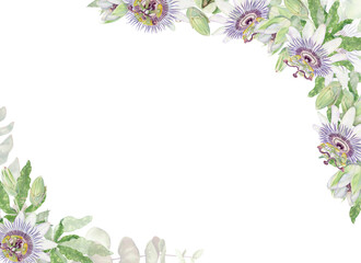 Passion flower watercolor horizontal rectangular isolated frame. Purple and green hand painted Passiflora floral illustration with flower and bud for card and invitation template.