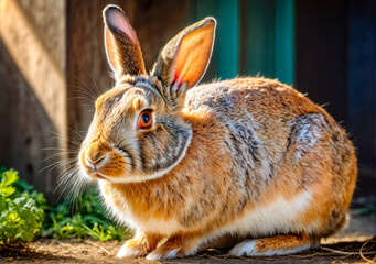Rabbit Sitting in Field of Flowers. Close-up portrait of a cute rabbit.Little happy funny rabbit sitting in nature
