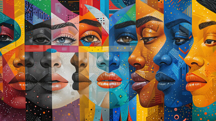 Diverse faces connected by colorful geometry. Modern Art, Pointillism. Inclusion concept.