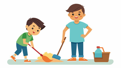 A young boy holding a dustpan while his older sibling sweeps the floor working together to clean up their mess. - obrazy, fototapety, plakaty