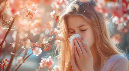 allergies to flowers, to pollen, exacerbation of allergies, a person sneezes and watery eyes in spring and summer - obrazy, fototapety, plakaty