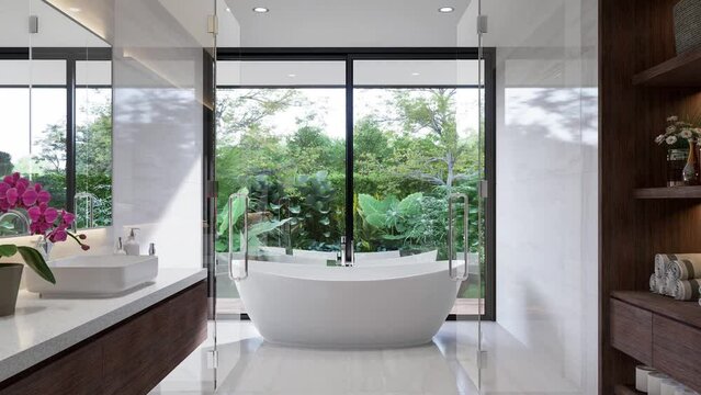 Animation of modern white bathroom with clear glass partition 3d render, granite tile floor and walls, white terrazzo, wooden cabinets, large windows with views of the green garden.