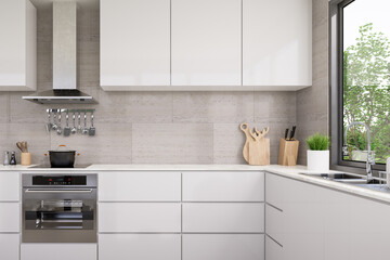 Minimal style modern white kitchen interior with nature view 3d render, There are granite tile floor , white glossy counter cabinet with white marble top