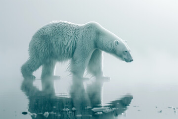 polar bear on melting ice in the arctic, global warming, climate change, disaster