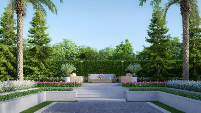 Animation of empty stone plaza for copy space with steps to terrace and nature view background 3d render, garden decorated with palm trees and pine trees.