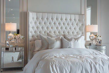 White master bedroom with an opulent tufted headboard, matching white silk bedding, and mirrored nightstands. Soft ambient lighting.