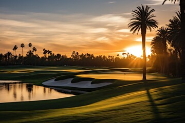 golf course at beautiful sunset with palm trees and sand dunes
