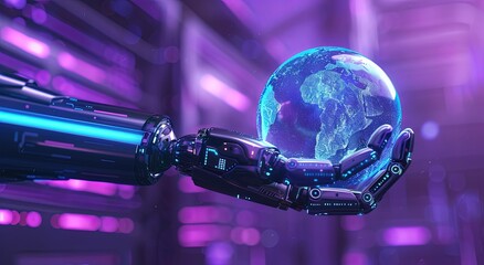 A robot hand holds a model of the planet Earth