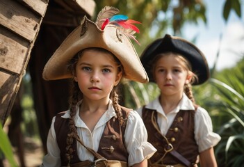 Two children dressed in historical pirate costumes exploring outdoors.